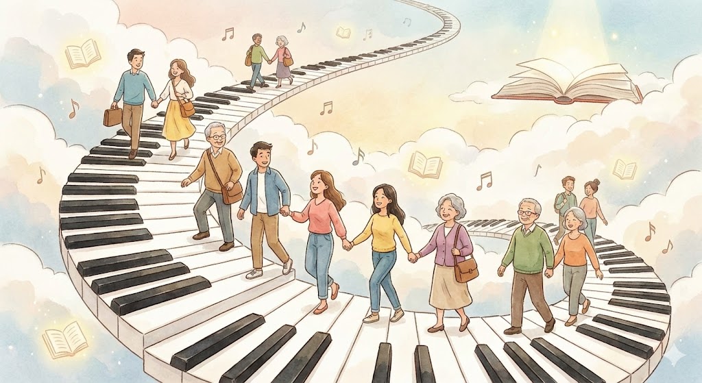 ピアノの鍵盤に見立てた階段を、人々が楽しんで登っている様子のイラスト