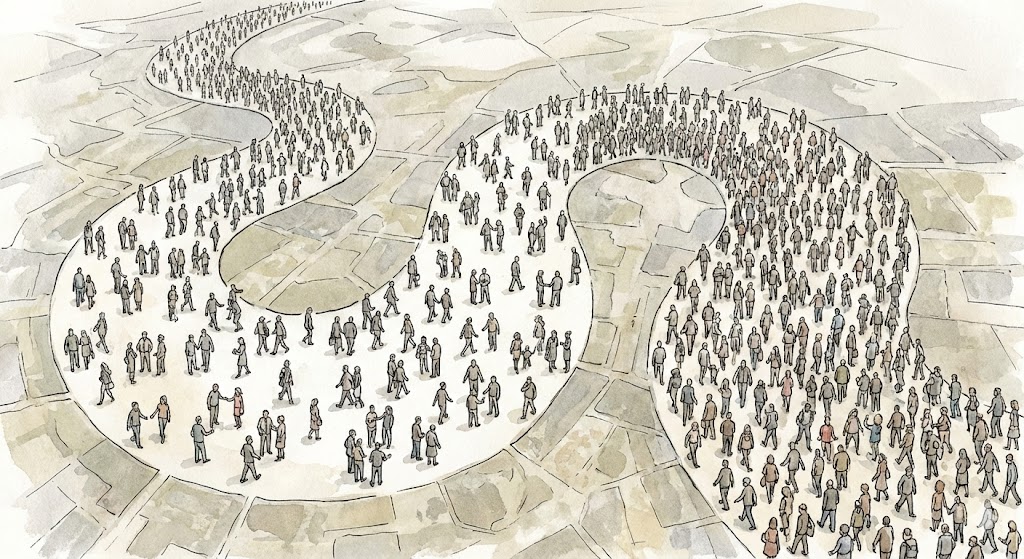 大勢の人間がバラバラに動いているようでいて、俯瞰すると大きな川の流れのように一定の方向へ進んでいる様子を描いた図解イラスト