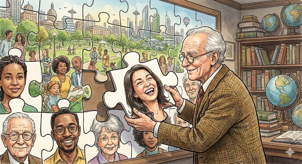 巨大なジグソーパズルのピースをはめ込む研究者のイラスト。ピースには個人の顔が描かれ、完成図は幸福な社会の風景になっている