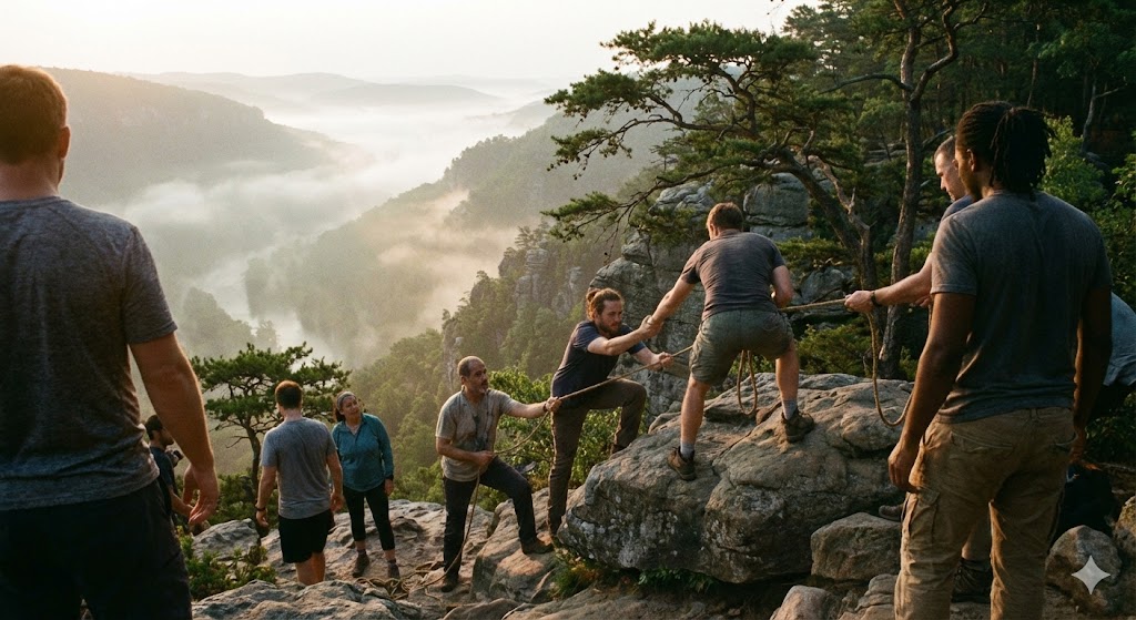険しい山道を互いに助け合いながら登る人々の後ろ姿