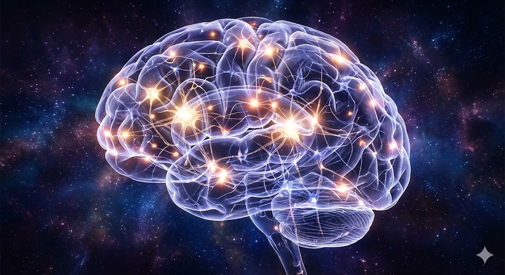 脳の神経回路が複雑に結びつき、特定の部分が光っているイメージ画像