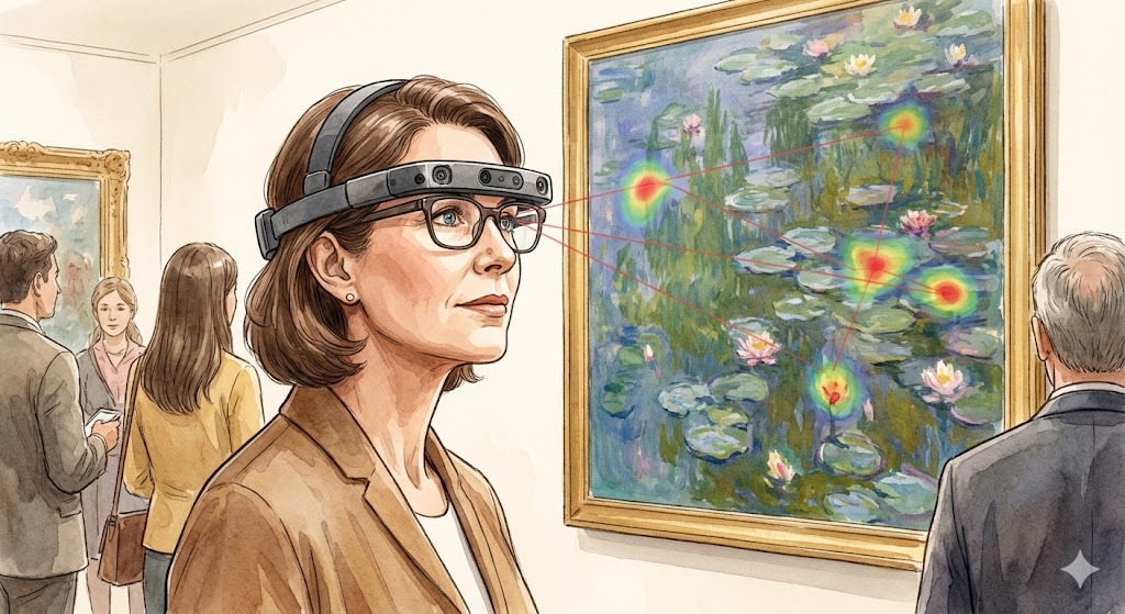 アイトラッカーを装着して絵画を鑑賞している様子のイメージイラスト