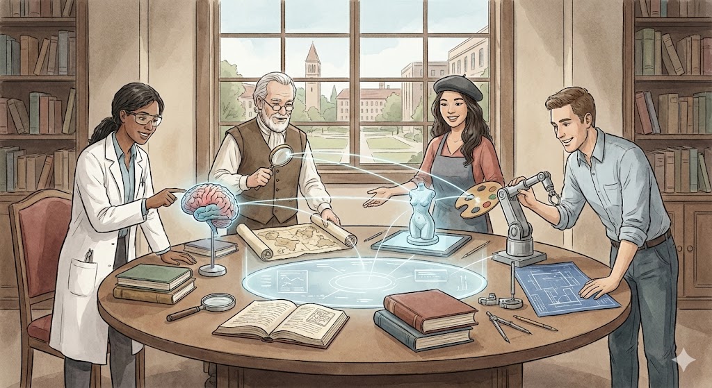 異なる学問分野の人々が協力して研究を進めているイメージイラスト