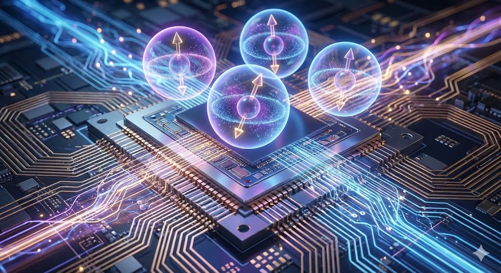  量子ビットの概念図とそれを支える半導体チップのイメージ